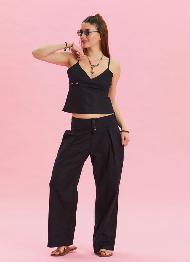 Pleated Bias Cut Buttoned Black Bohemian Trousers 4466
